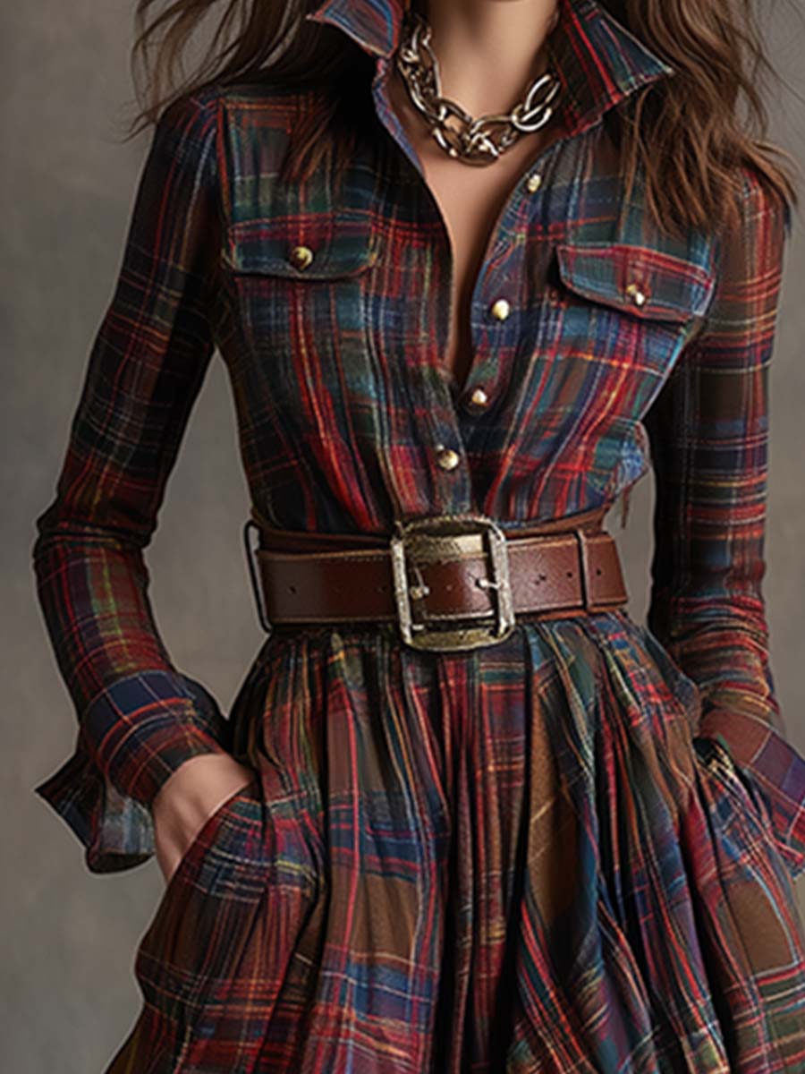 Plaid Maxi Shirt Dress – Long Sleeve Belted Tartan Dress