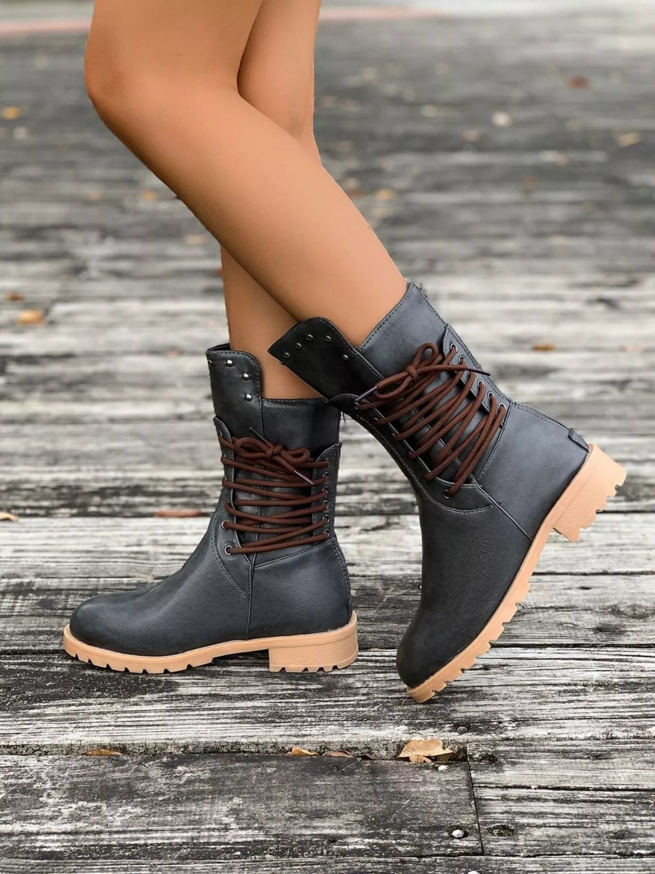 Lace-Up Mid-Calf Combat Boots – Studded Lug Sole Block Heel
