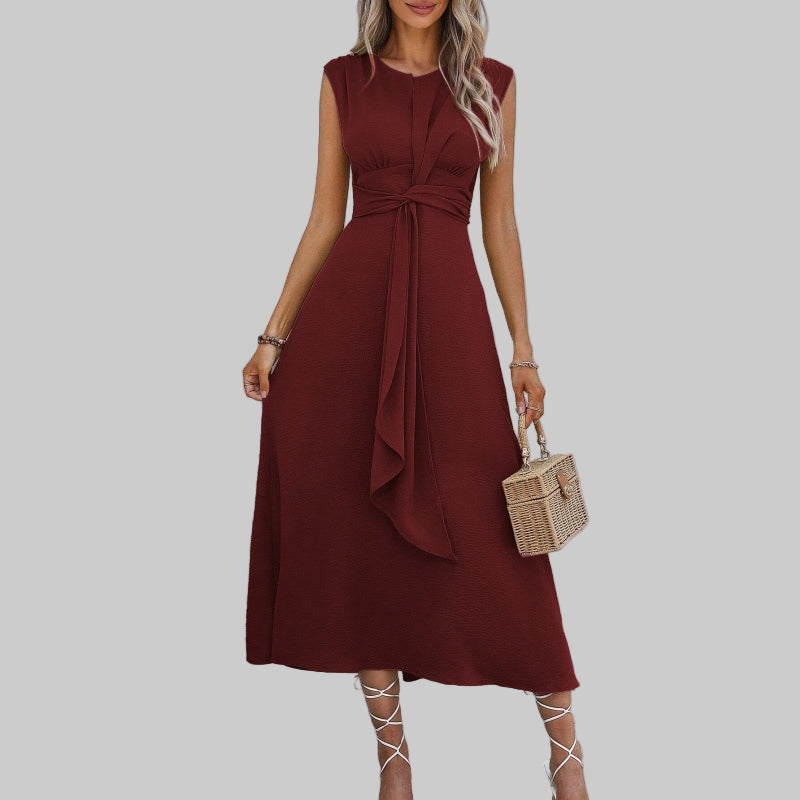 Sleeveless Tie Waist Maxi Dress – A-Line Round Neck Dress
