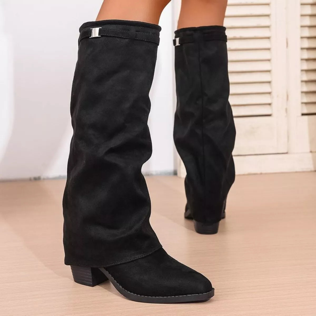 Slouchy Knee High Boots – Pointed Toe Block Heel Fold-Over