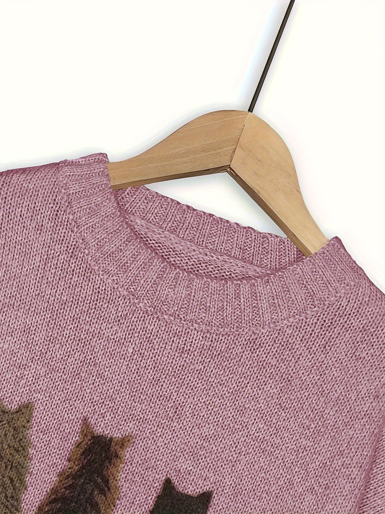 Cat Print Knit Pullover Sweater – Crewneck Relaxed Fit Long Sleeve