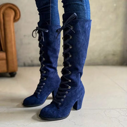 Lace-Up Knee-High Boots – Faux Suede Block Heel Round Toe