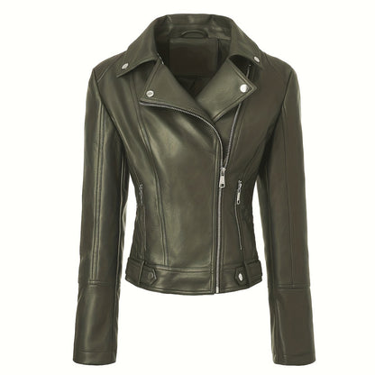 Faux Leather Moto Jacket – Asymmetric Zip Cropped Biker Jacket