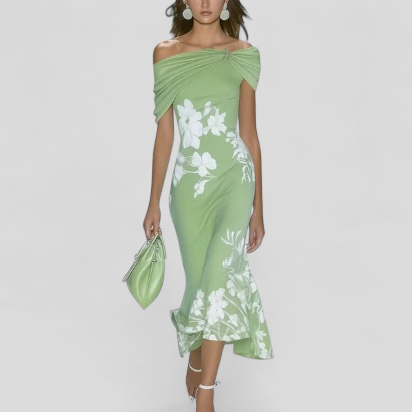 Floral Print Off-Shoulder Midi Dress – Ruched Bodycon Ruffle Hem