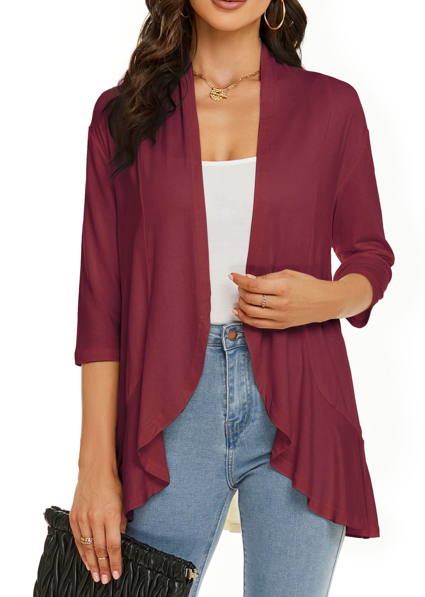 Open Front Draped Cardigan – Women's 3/4 Sleeve Lightweight Layer