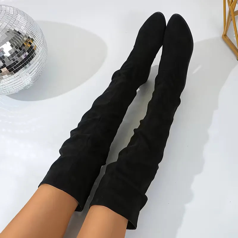 Faux Suede Over-the-Knee Slouch Boots – Block Heel Slip-On