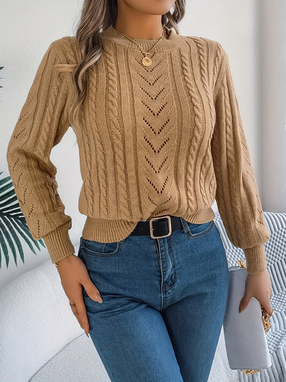 Cable Knit Openwork Pullover Sweater – Crewneck Long Sleeve Relaxed Fit