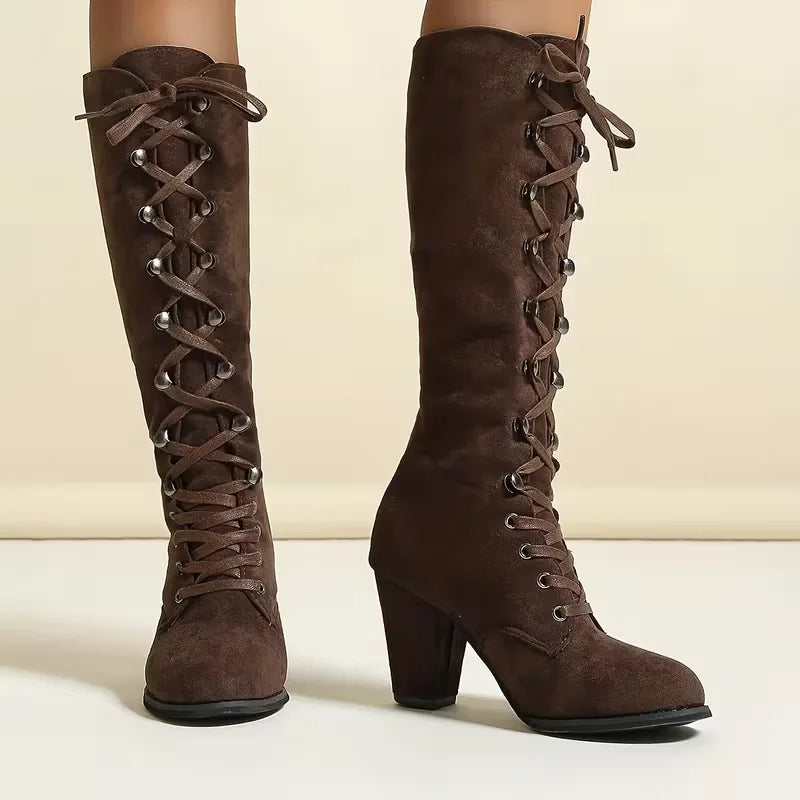 Lace-Up Knee-High Boots – Faux Suede Block Heel Round Toe