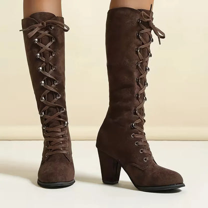 Lace-Up Knee-High Boots – Faux Suede Block Heel Round Toe