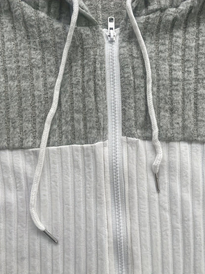 Colour Block Zip-Up Hoodie Jacket – Ribbed Knit Long Sleeve