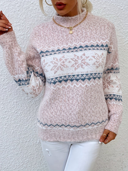 Fair Isle Snowflake Mock Neck Sweater – Relaxed Fit Winter Pullover