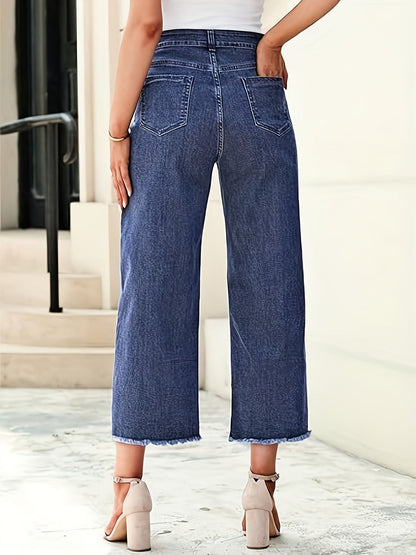 High Waist Wide Leg Cropped Jeans – Raw Hem Dark Wash Denim