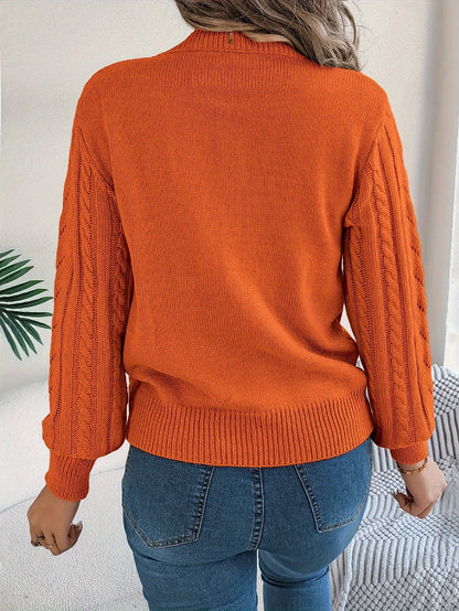 Cable Knit Openwork Pullover Sweater – Crewneck Long Sleeve Relaxed Fit
