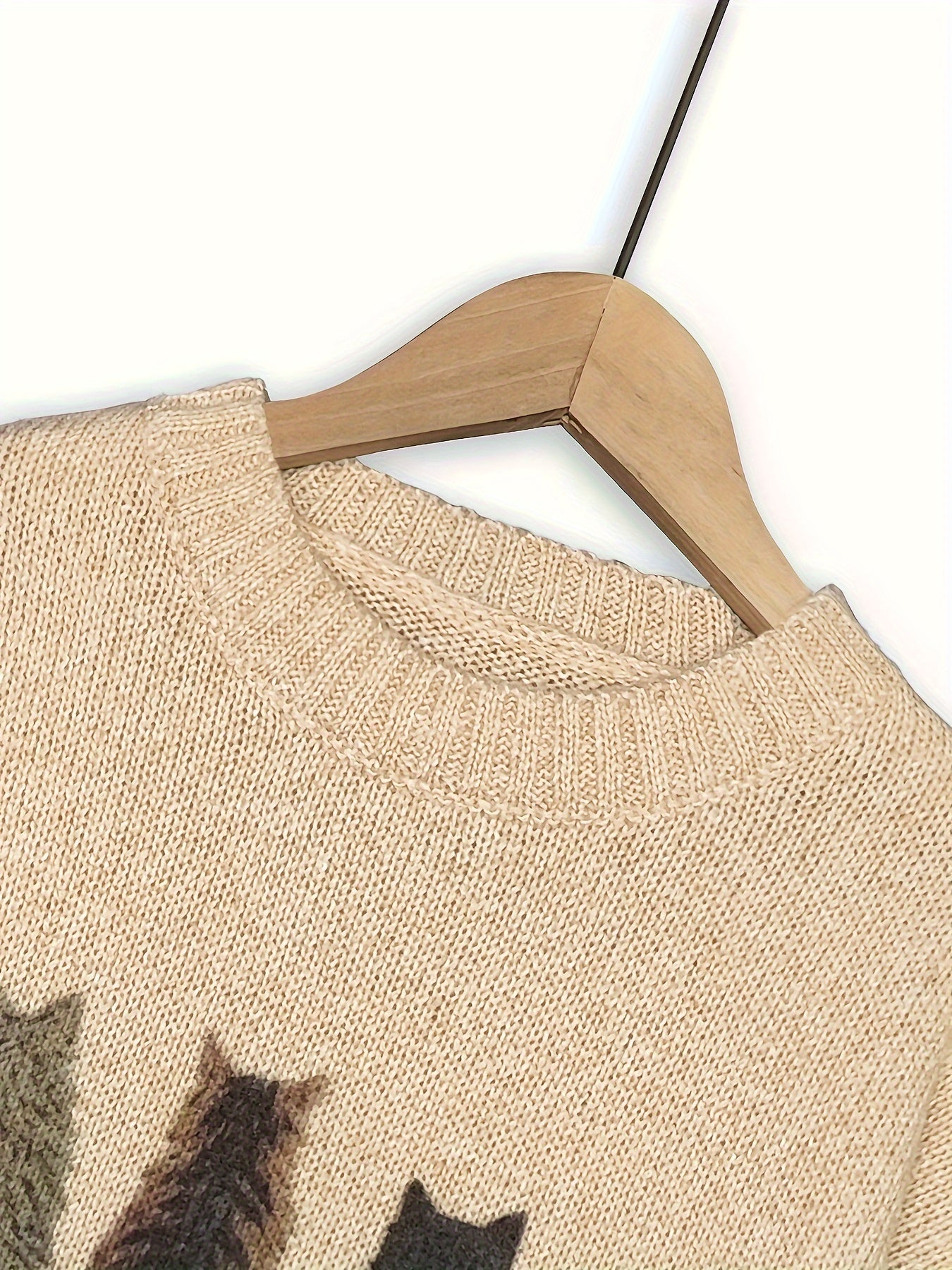 Cat Print Knit Pullover Sweater – Crewneck Relaxed Fit Long Sleeve
