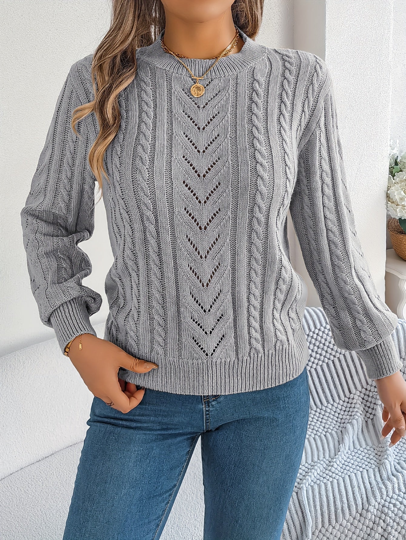 Cable Knit Openwork Pullover Sweater – Crewneck Long Sleeve Relaxed Fit