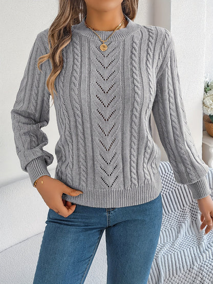 Cable Knit Openwork Pullover Sweater – Crewneck Long Sleeve Relaxed Fit