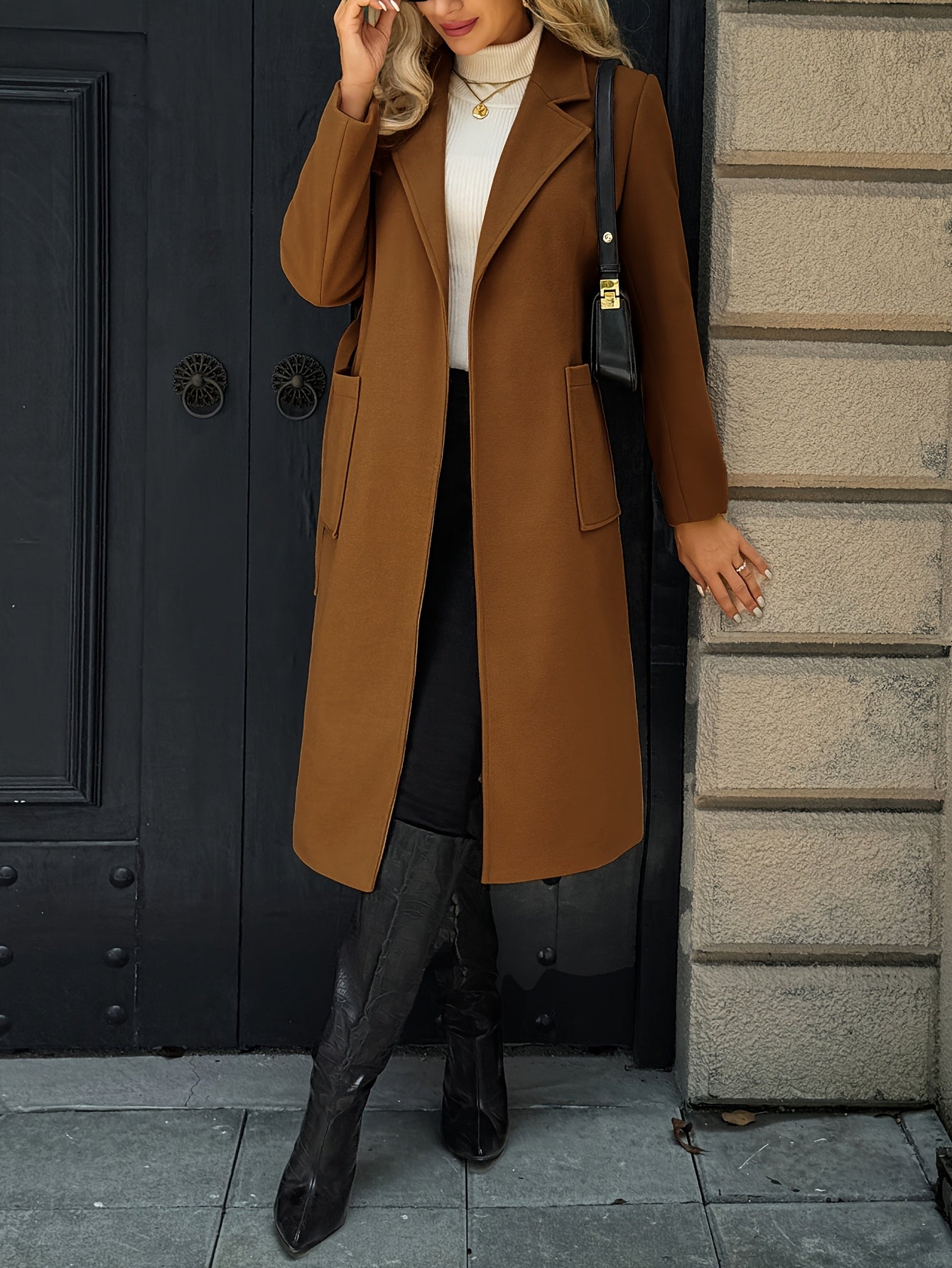 Belted Wool-Blend Long Coat – Lapel Wrap Camel Overcoat