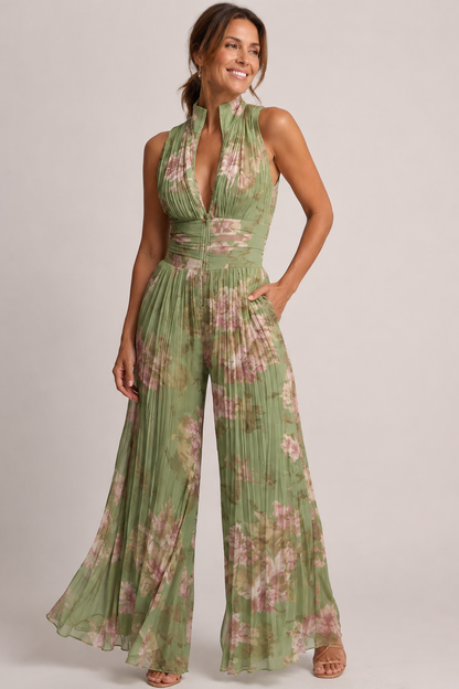 Pleated Wide-Leg Jumpsuit – Sleeveless Deep V-Neck Floral