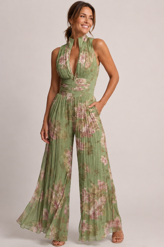 Pleated Wide-Leg Jumpsuit – Sleeveless Deep V-Neck Floral