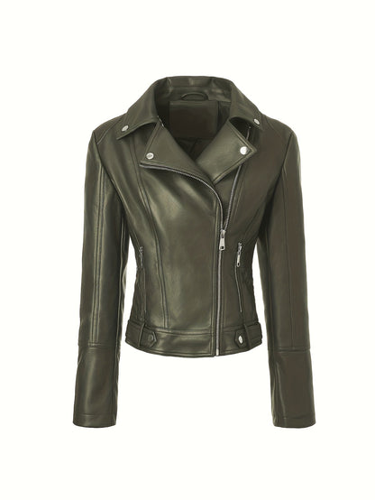 Faux Leather Moto Jacket – Asymmetric Zip Cropped Biker Jacket