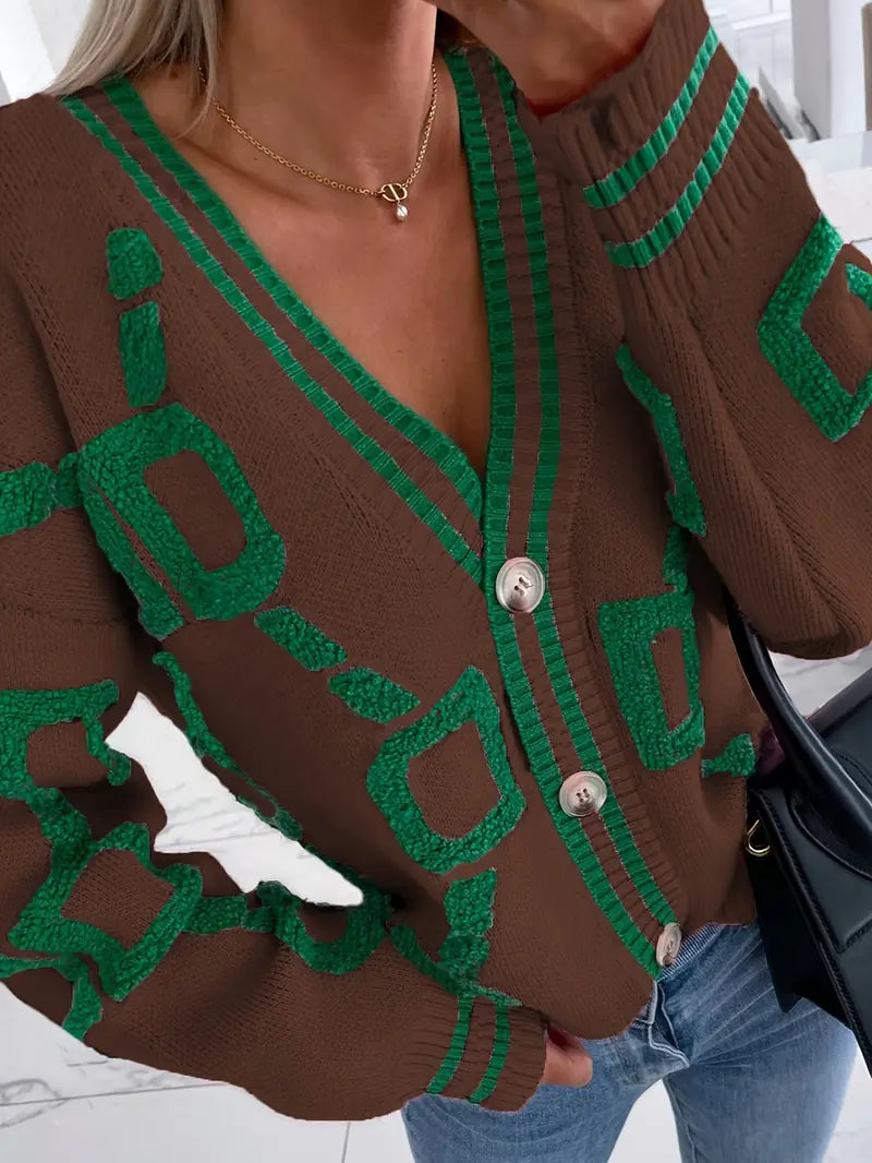 Geometric Knit Cardigan – V-Neck Button-Front Long Sleeve