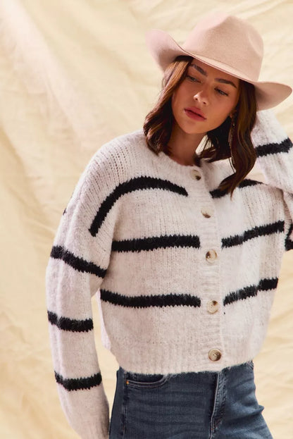 Striped Knit Cardigan – Button-Front Crew Neck Relaxed Fit