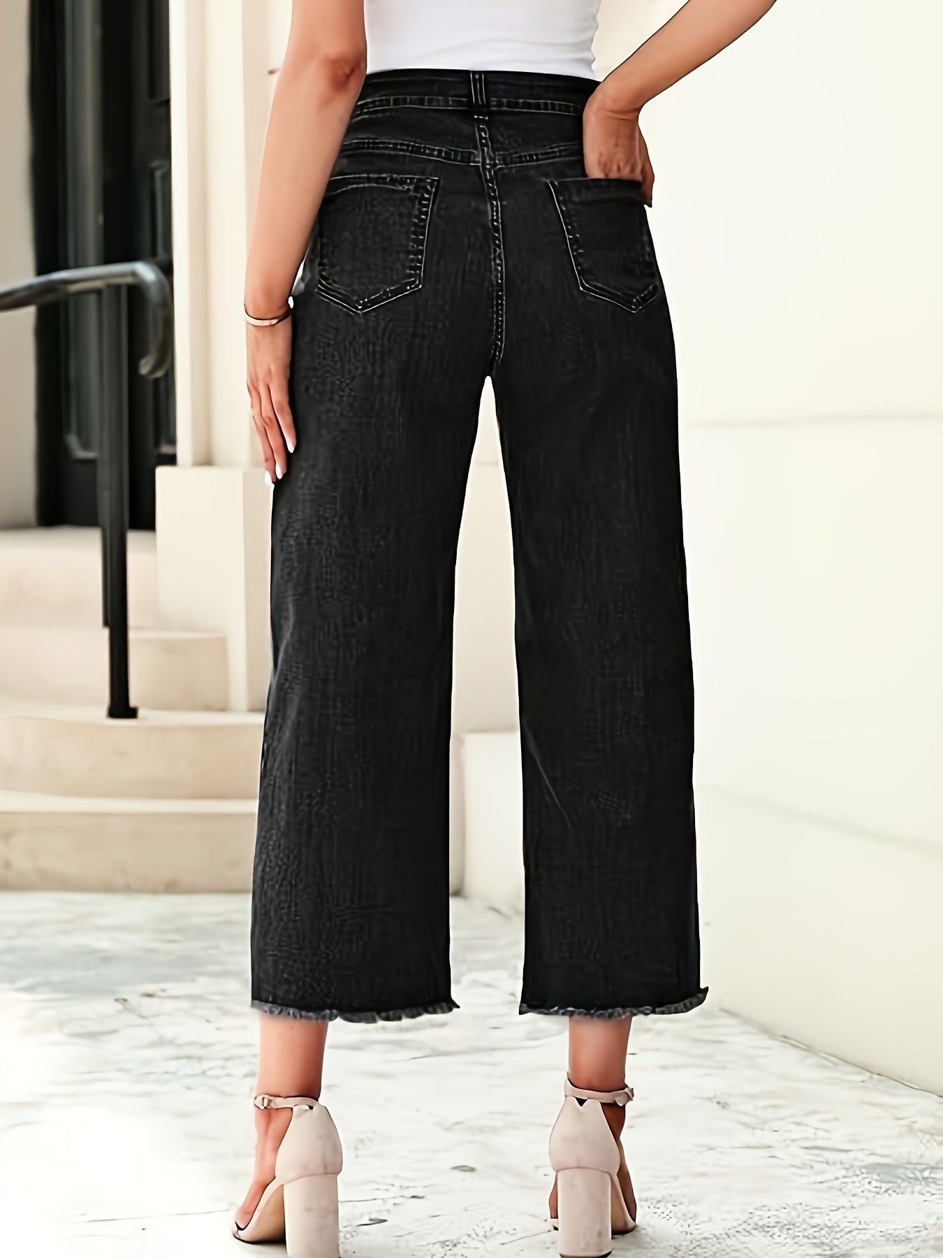High Waist Wide Leg Cropped Jeans – Raw Hem Dark Wash Denim