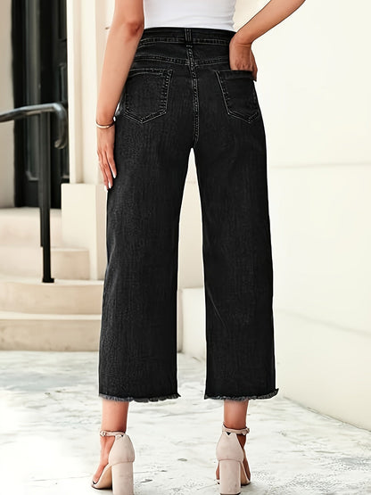 High Waist Wide Leg Cropped Jeans – Raw Hem Dark Wash Denim