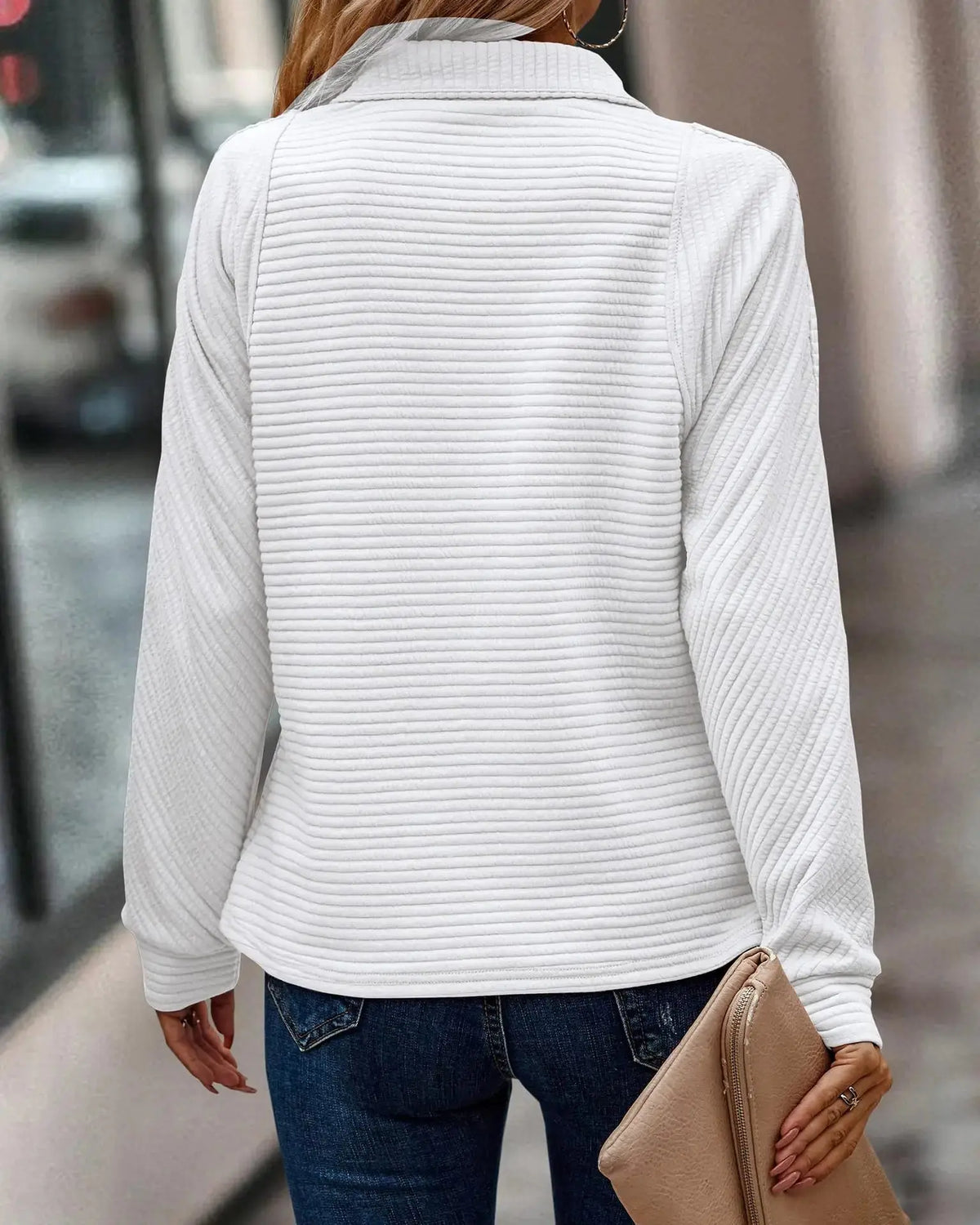 Ribbed Quarter Zip Pullover Sweater – Collared Long Sleeve Knit Top