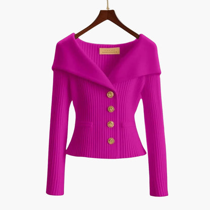 Off-Shoulder Ribbed Knit Cardigan – Button-Front Cropped Top