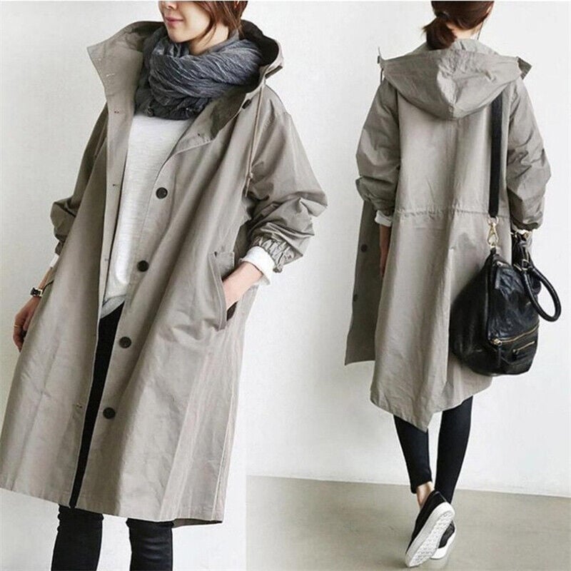 Button-Front Hooded Rain Coat – Knee-Length Loose Fit