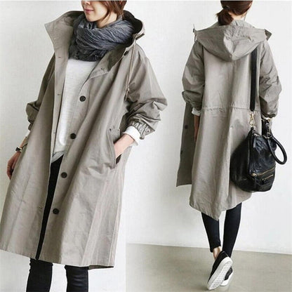 Button-Front Hooded Rain Coat – Knee-Length Loose Fit