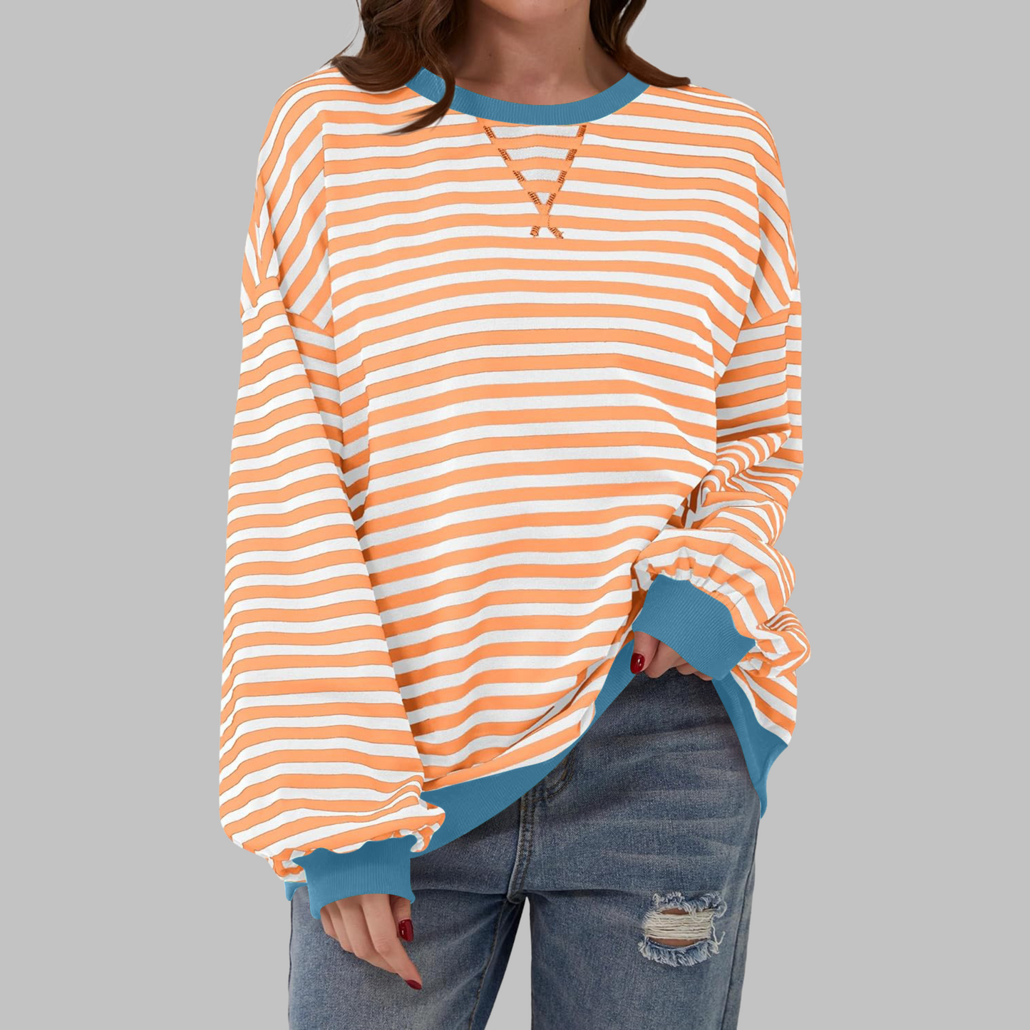 Striped Oversized Crewneck Sweatshirt – Colorblock Cuffs Relaxed Pullover