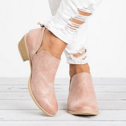Slip-On Block Heel Ankle Boots – V-Cut Booties Retro Style