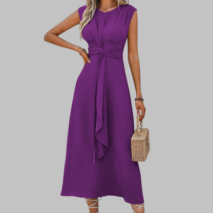 Sleeveless Tie Waist Maxi Dress – A-Line Round Neck Dress
