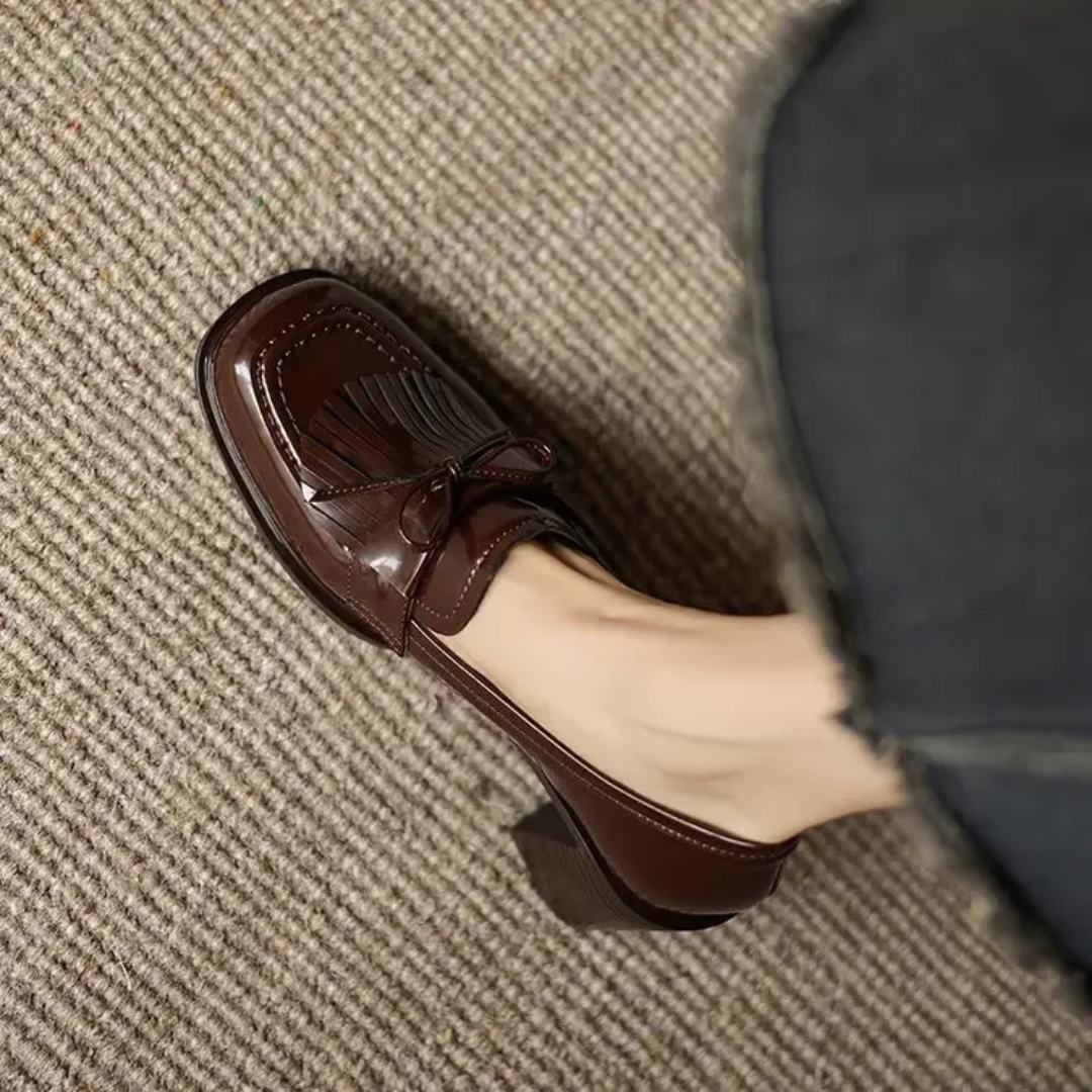 Patent Leather Tassel Loafer Pumps – Block Heel Round Toe