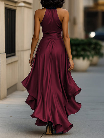 Women's Satin Halter Dress – High Low Ruffle Skirt Formal Evening Dress