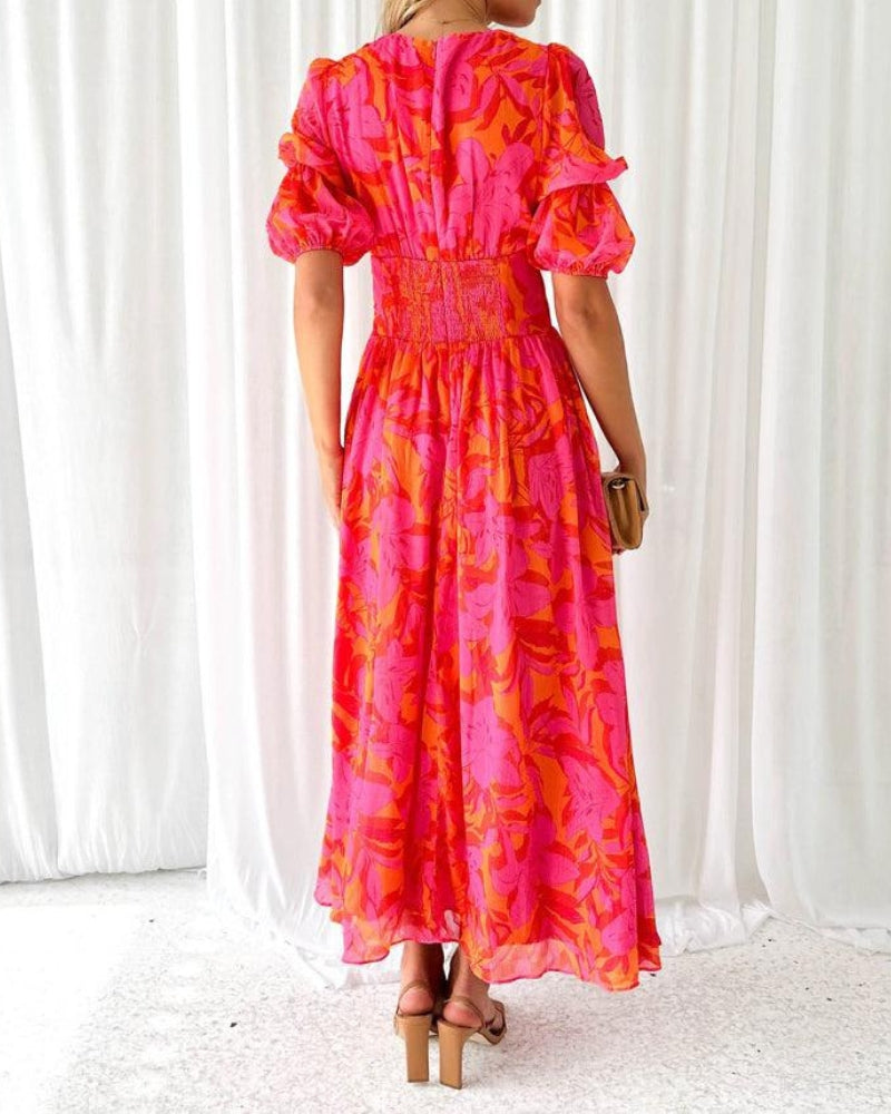 Floral Puff Sleeve Maxi Dress – V-Neck Button-Front Summer Dress