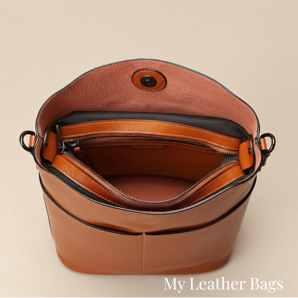 Leather Bucket Crossbody Bag – Structured Flap Shoulder Bag
