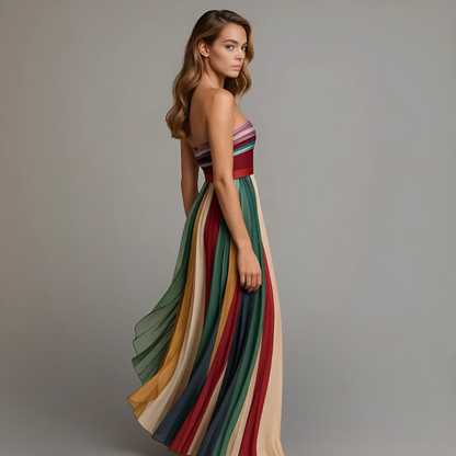 Strapless Pleated Maxi Dress – Multicolor Striped Flowy Summer Dress