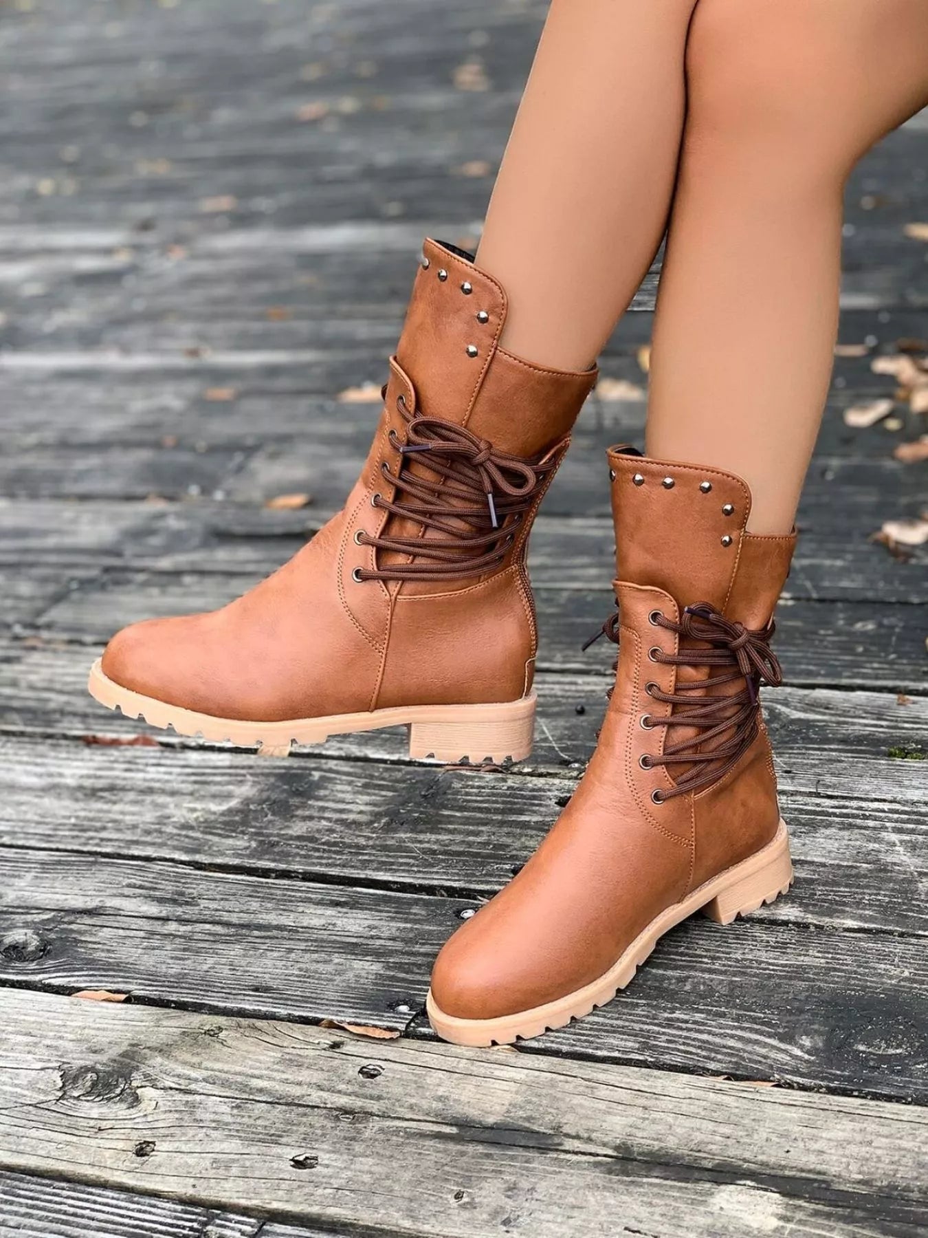 Lace-Up Mid-Calf Combat Boots – Studded Lug Sole Block Heel