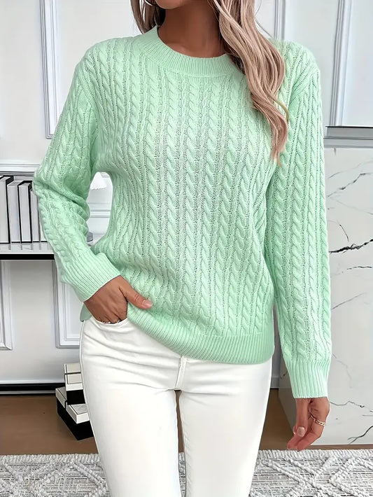 Cable Knit Crewneck Sweater – Relaxed Fit Long Sleeve Pullover