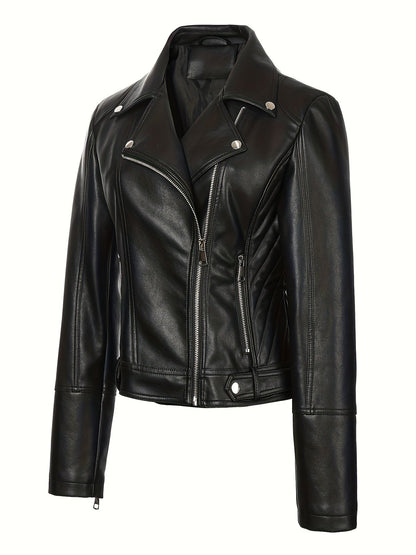 Faux Leather Moto Jacket – Asymmetric Zip Cropped Biker Jacket
