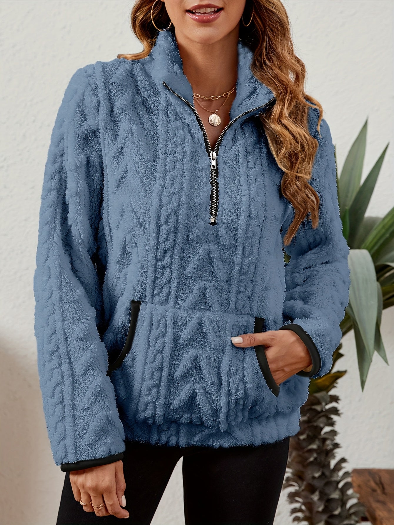 Sherpa Fleece Half-Zip Pullover – Textured Long Sleeve with Kangaroo Pocket