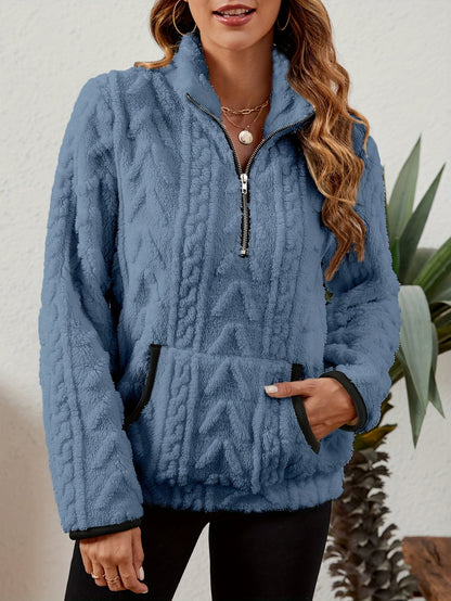 Sherpa Fleece Half-Zip Pullover – Textured Long Sleeve with Kangaroo Pocket
