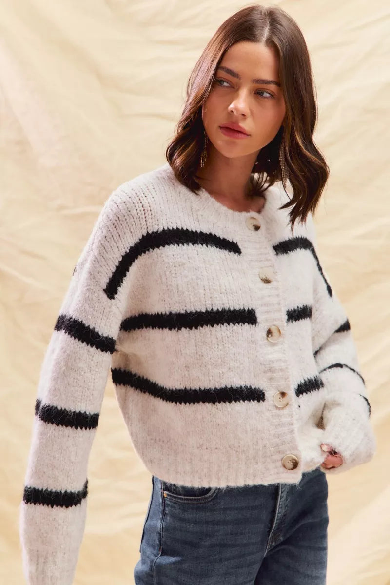 Striped Knit Cardigan – Button-Front Crew Neck Relaxed Fit