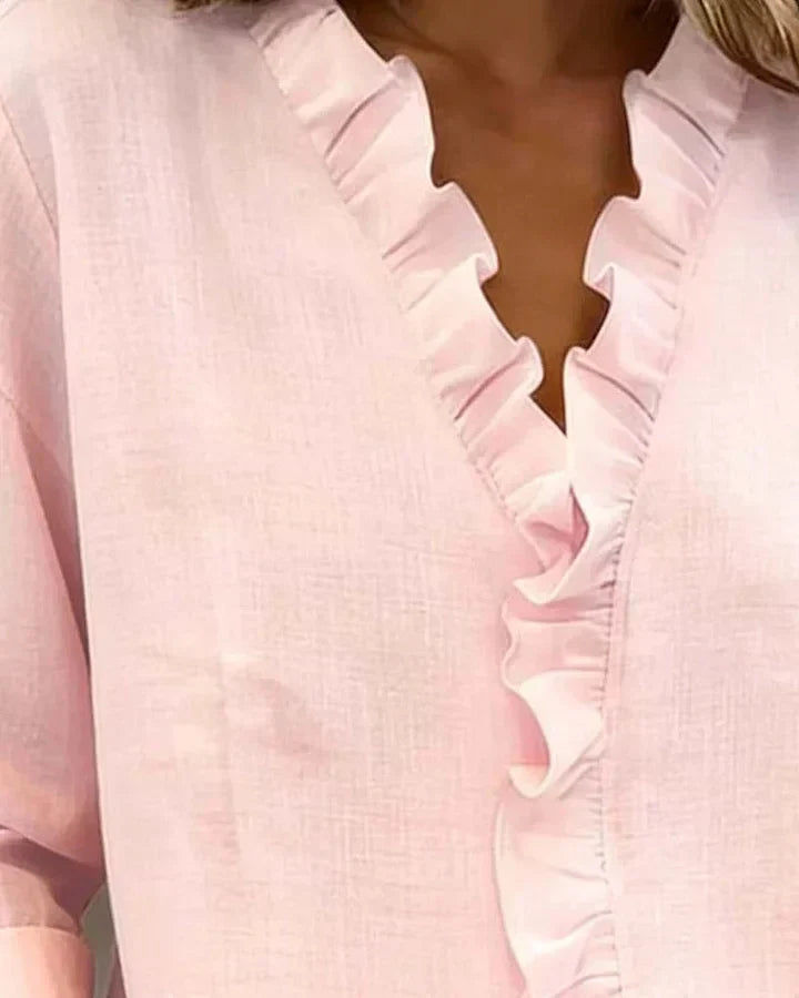 Ruffle V-Neck Long Sleeve Blouse – Relaxed Fit Casual Top