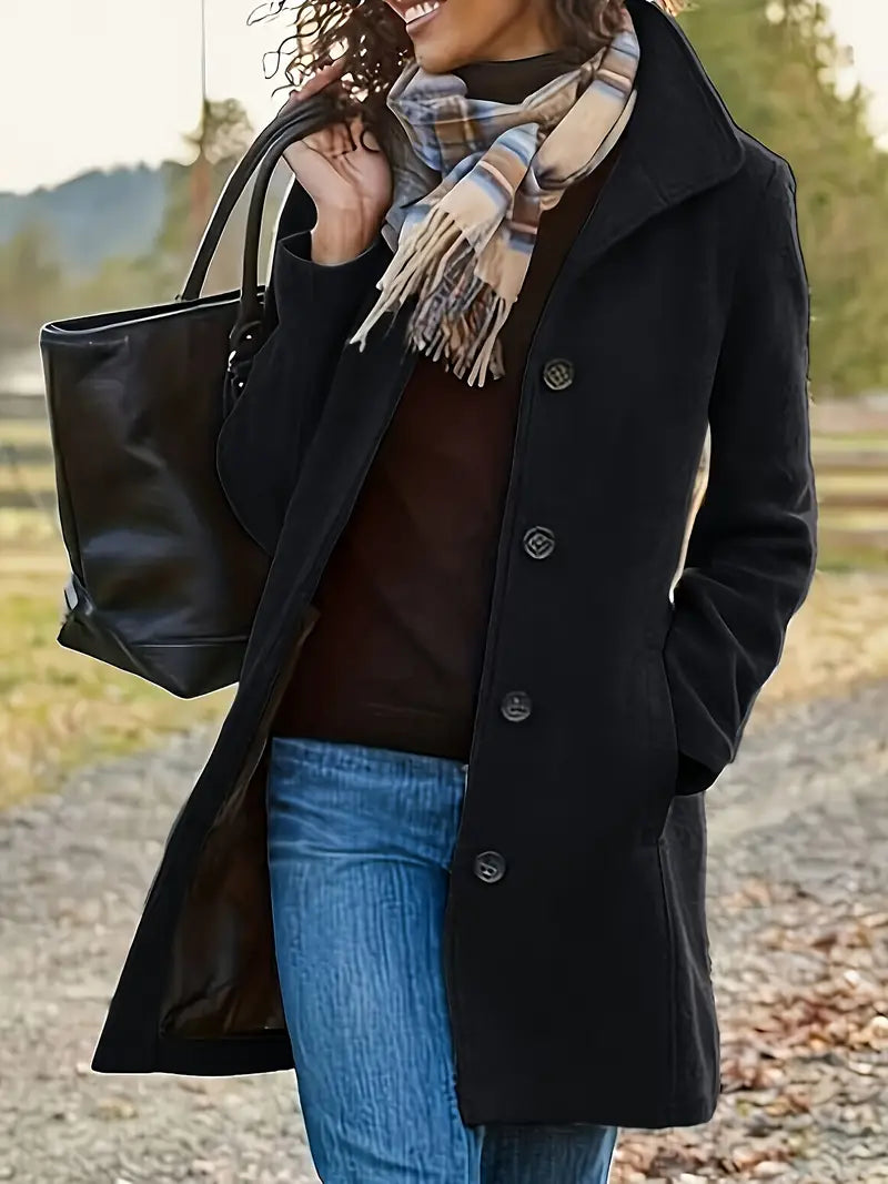 Women's Wool Blend Pea Coat – Mid-Length Lapel Button-Front