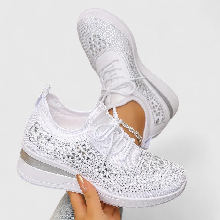 Rhinestone Wedge Sneakers – Women's Knit Lace-Up Platform Shoes