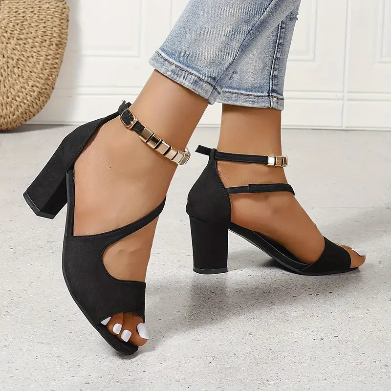 Suede Block Heel Sandals – Open Toe Ankle Strap Metal Detail
